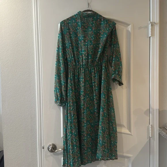 Haokeke Green Floral Long Sleeve Chiffon Pleated Midi Dress - M - Picture 12 of 16